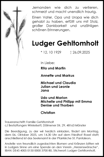 Anzeige von Ludger Gehltomholt 