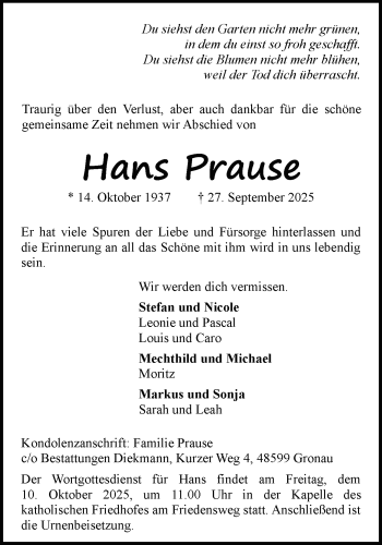 Anzeige von Hans Prause 
