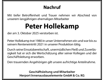 Anzeige von Peter Hollekamp 