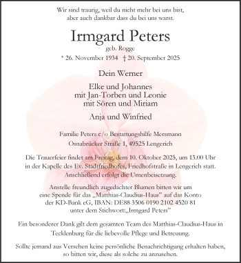 Anzeige von Irmgard Peters 