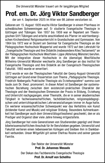 Anzeige von Prof. em. Dr. Jörg Viktor Sandberger 