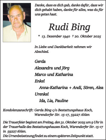 Anzeige von Rudi Bing 