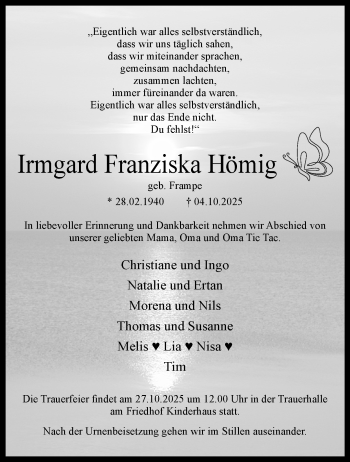Anzeige von Irmgard Franziska Hömig 