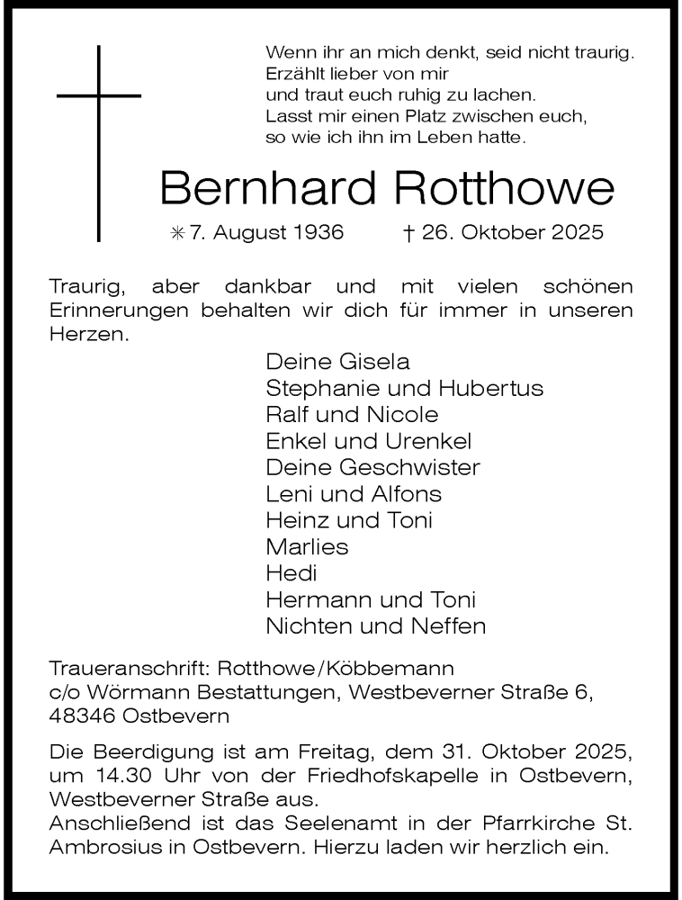  Traueranzeige für Bernhard Rotthowe vom 29.10.2025 aus 