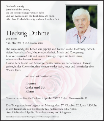Anzeige von Hedwig Duhme 