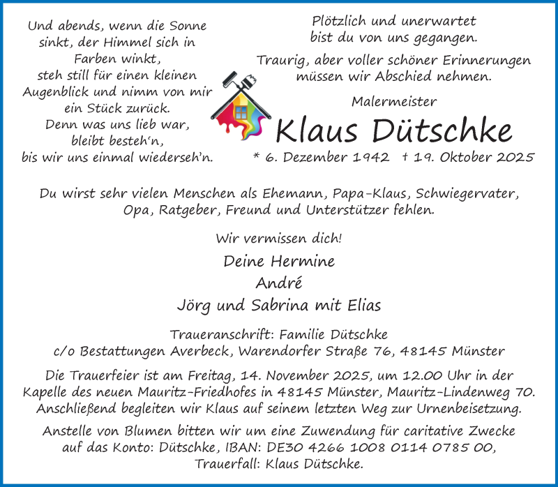  Traueranzeige für Klaus Dütschke vom 25.10.2025 aus 