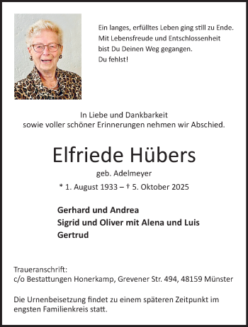 Anzeige von Elfriede Hübers 