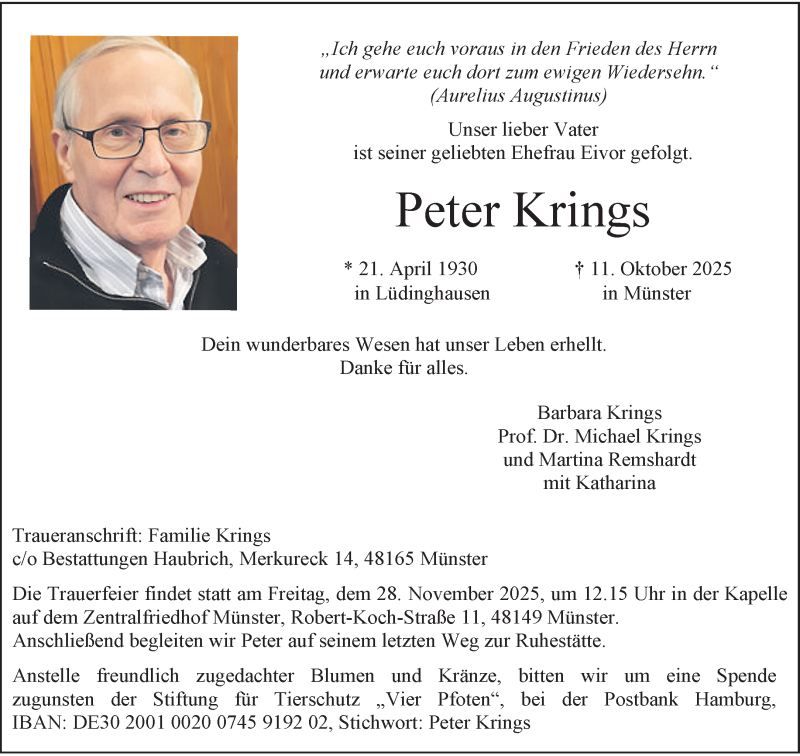  Traueranzeige für Peter Krings vom 18.10.2025 aus 
