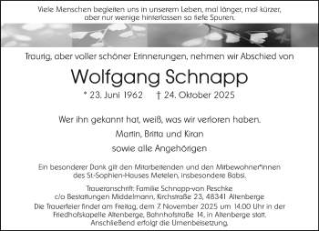 Anzeige von Wolfgang Schnapp 