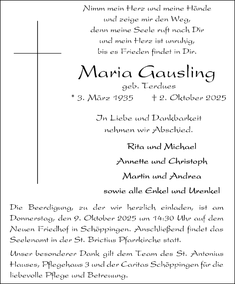  Traueranzeige für Maria Gausling vom 07.10.2025 aus 