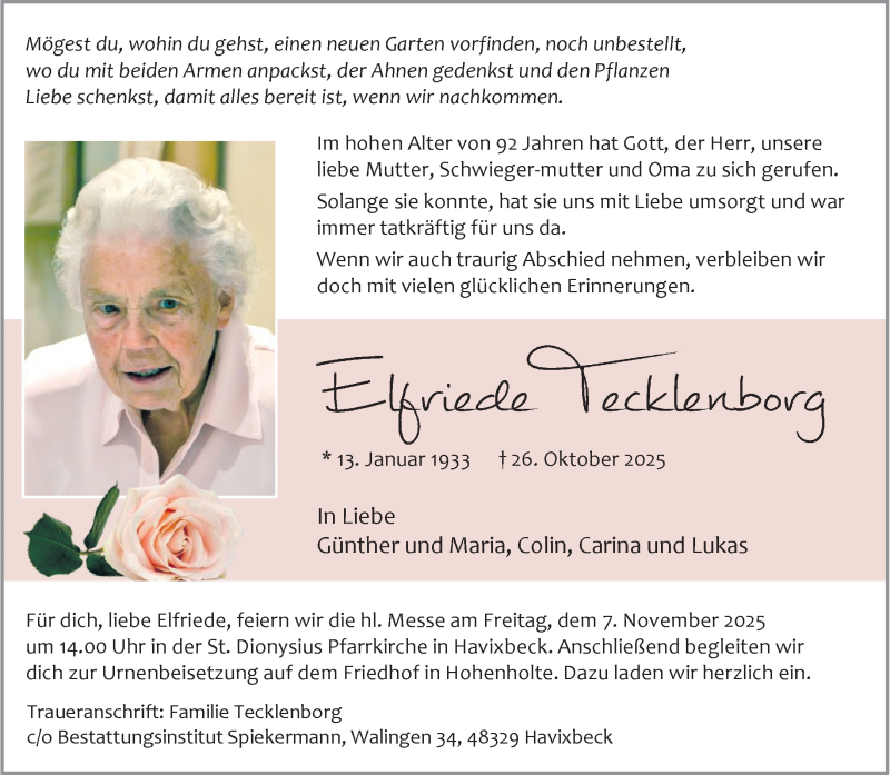  Traueranzeige für Elfriede Tecklenborg vom 31.10.2025 aus 