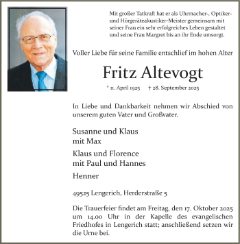Anzeige von Fritz Altevogt 