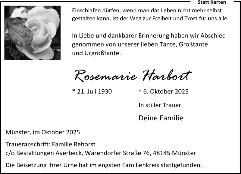  Traueranzeige für Rosemarie Harbort vom 25.10.2025 aus 