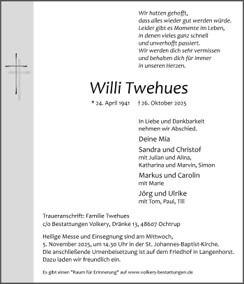 Anzeige von Willi Twehues 