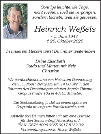 Anzeige von Heinrich Weßels 
