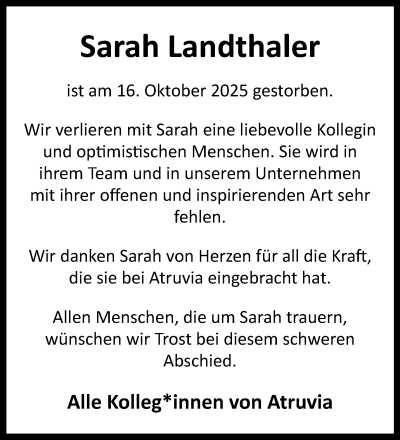  Traueranzeige für Sarah Landthaler vom 25.10.2025 aus 