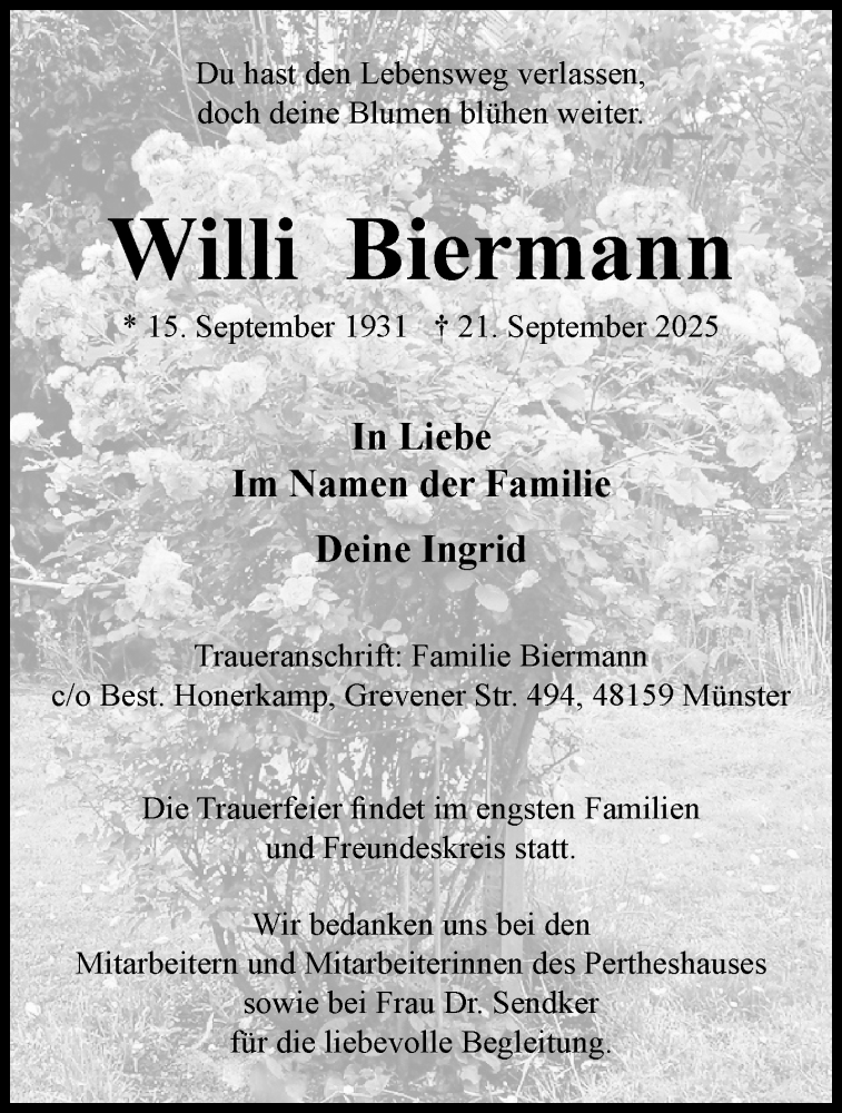  Traueranzeige für Willi Biermann vom 18.10.2025 aus 
