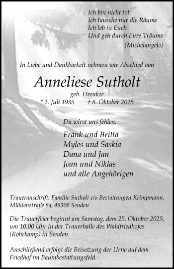Anzeige von Anneliese Sutholt 