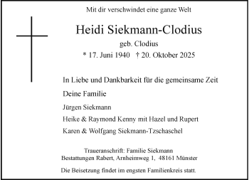 Anzeige von Heidi Siekmann-Clodius 