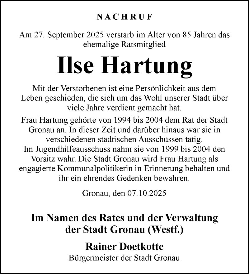  Traueranzeige für Ilse Hartung vom 08.10.2025 aus 