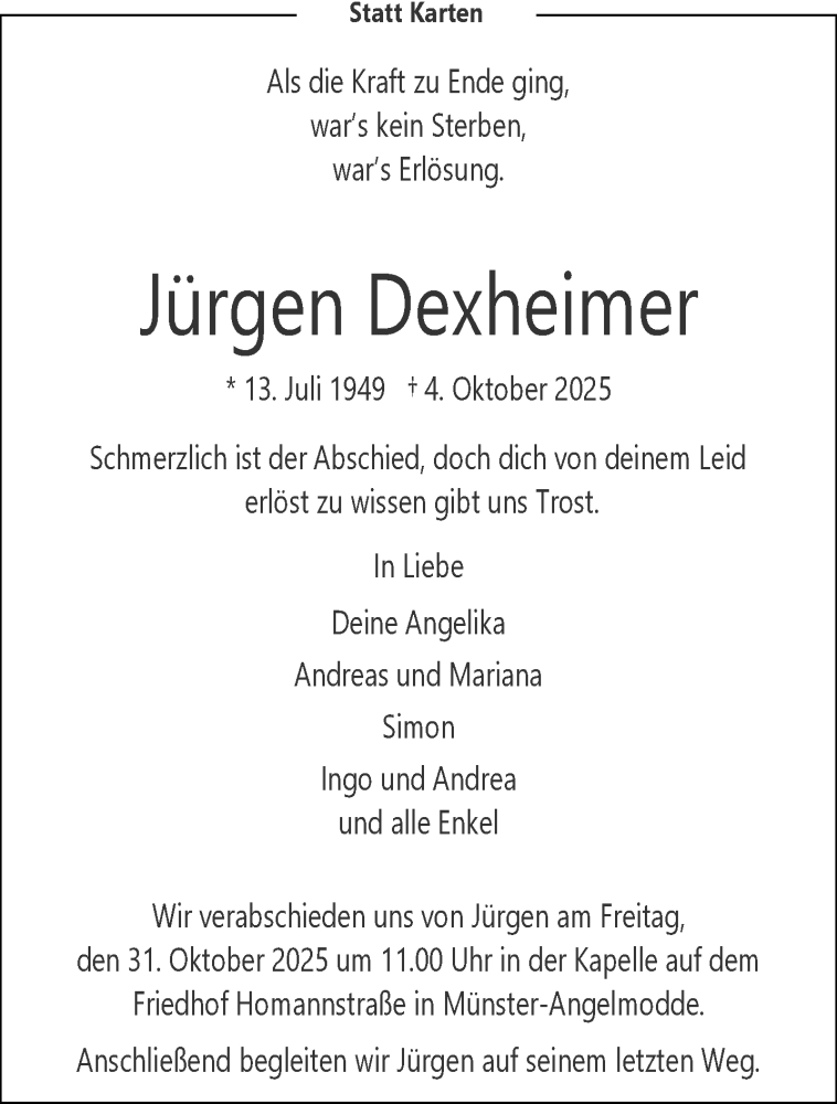  Traueranzeige für Jürgen Dexheimer vom 25.10.2025 aus 