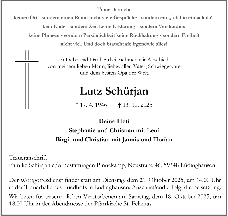  Traueranzeige für Lutz Schürjan vom 18.10.2025 aus 