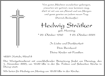 Anzeige von Hedwig Strätker 