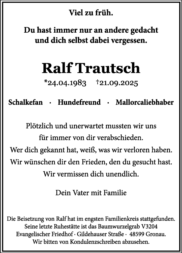  Traueranzeige für Ralf Trautsch vom 18.10.2025 aus 