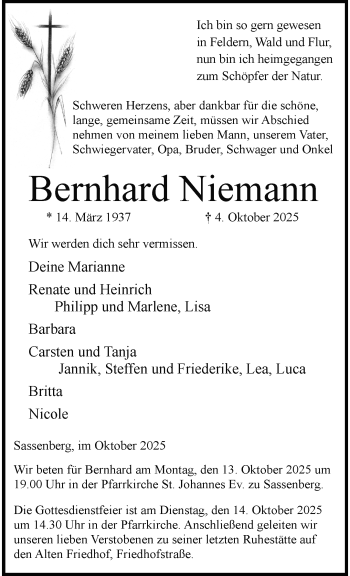 Anzeige von Bernhard Niemann 