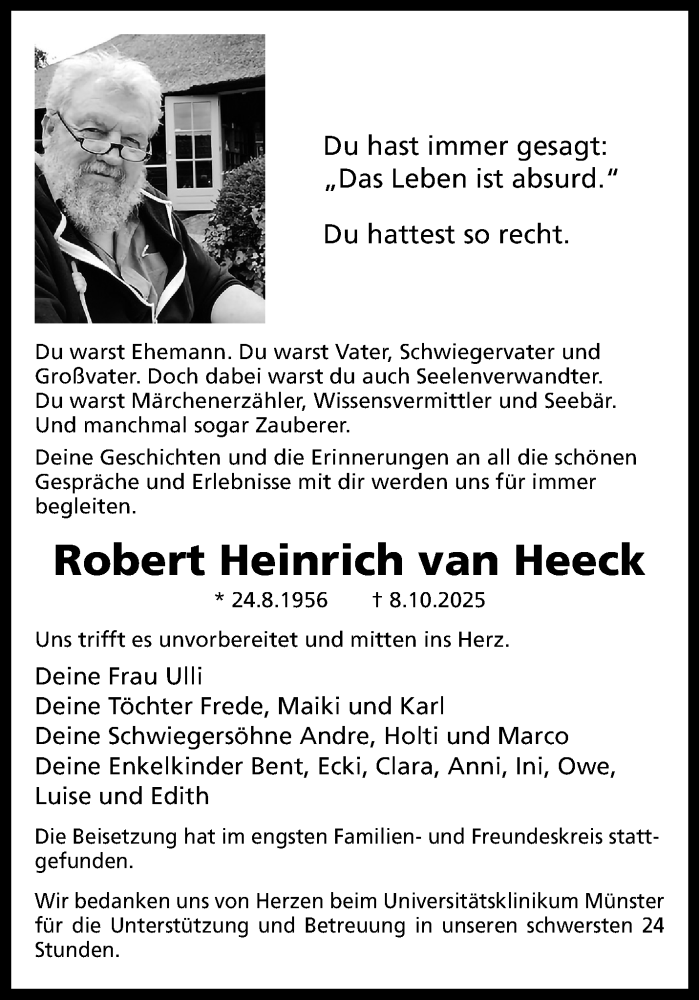  Traueranzeige für Robert Heinrich van Heeck vom 25.10.2025 aus 