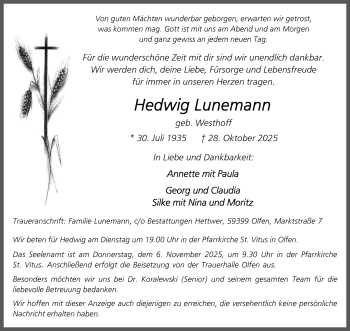 Anzeige von Hedwig Lunemann 