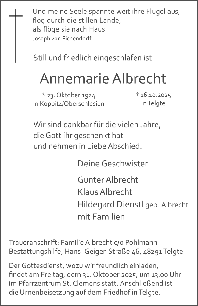  Traueranzeige für Annemarie Albrecht vom 25.10.2025 aus 