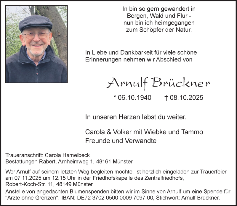  Traueranzeige für Arnulf Brückner vom 31.10.2025 aus 