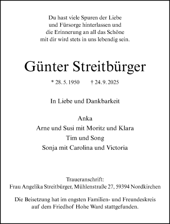 Anzeige von Günter Streitbürger 