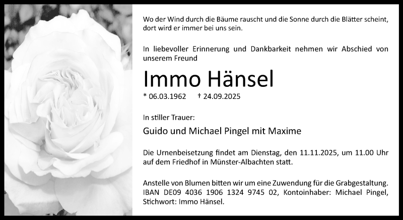  Traueranzeige für Immo Hänsel vom 31.10.2025 aus 
