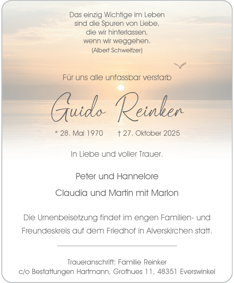  Traueranzeige für Guido Reinker vom 31.10.2025 aus 