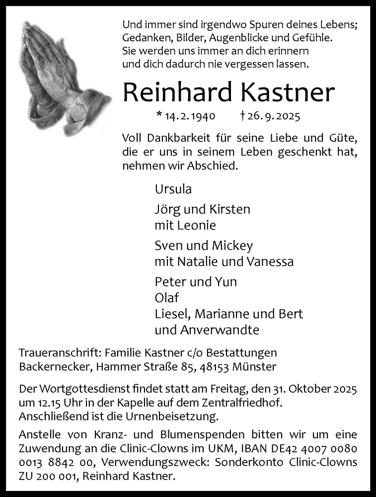  Traueranzeige für Reinhard Kastner vom 11.10.2025 aus 
