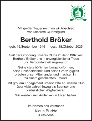 Anzeige von Berthold Bröker 
