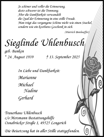 Anzeige von Sieglinde Uhlenbusch 