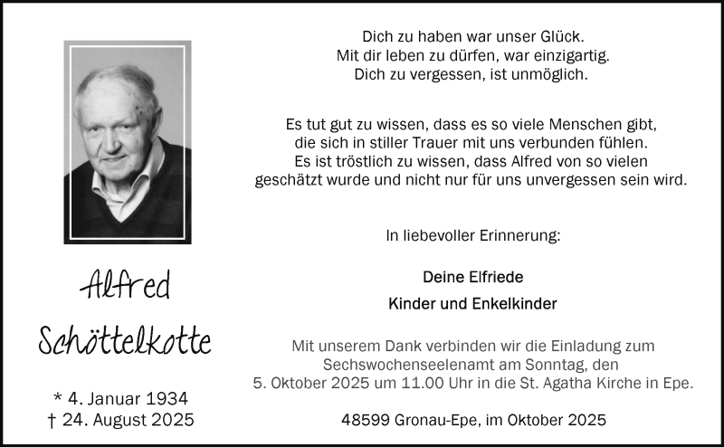  Traueranzeige für Alfred Schöttelkotte vom 01.10.2025 aus 