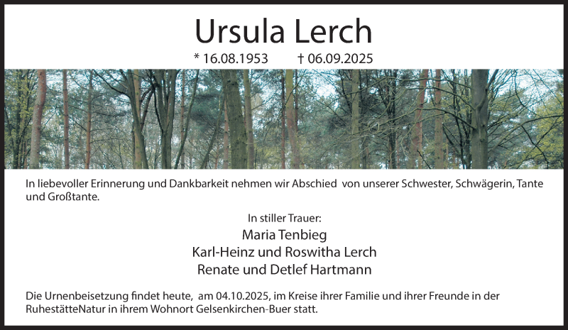  Traueranzeige für Ursula Lerch vom 04.10.2025 aus 