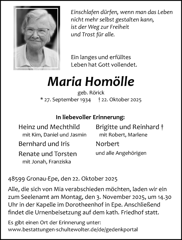  Traueranzeige für Maria Homölle vom 29.10.2025 aus 