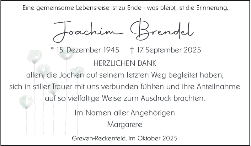  Traueranzeige für Joachim Brendel vom 31.10.2025 aus 