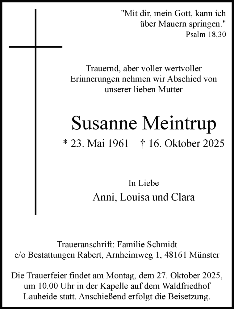  Traueranzeige für Susanne Meintrup vom 22.10.2025 aus 