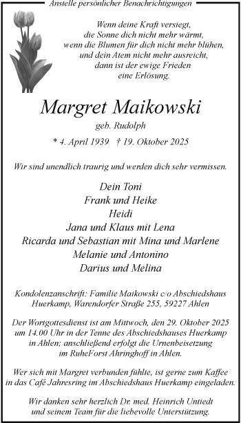 Anzeige von Margret Maikowski 
