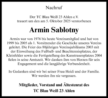 Anzeige von Armin Sablotny 
