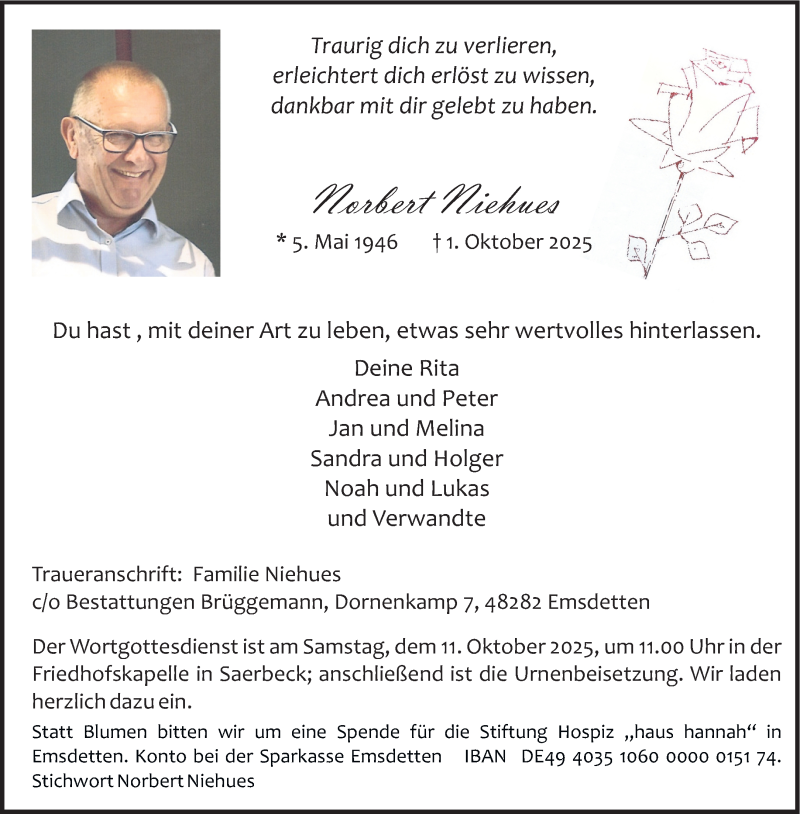  Traueranzeige für Norbert Niehues vom 08.10.2025 aus 