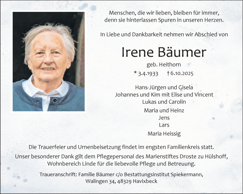  Traueranzeige für Irene Bäumer vom 11.10.2025 aus 