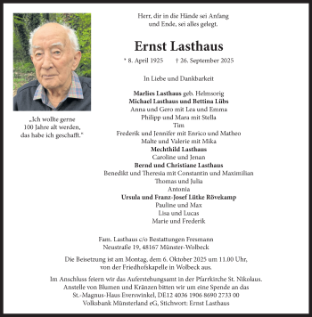 Anzeige von Ernst Lasthaus 