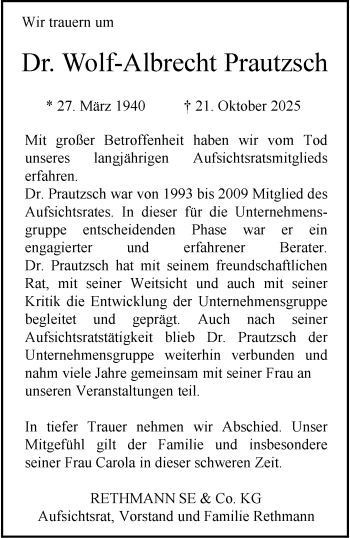 Anzeige von Dr. Wolf-Albrecht Prautzsch 